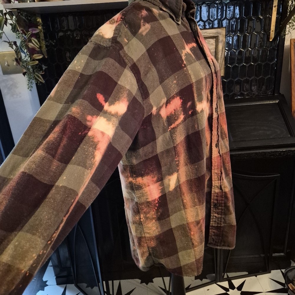 Upcycled Bleached And Distressed Flannel with Handmade Bee Patch Let It Bee - Picture 5 of 8